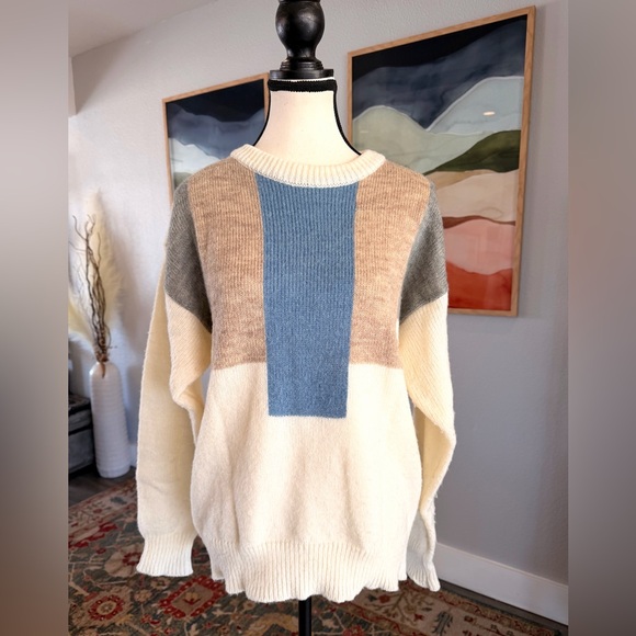Vintage Colorblock Crewneck Sweater - Cream, Blue, Gray, Tan - Picture 5 of 7